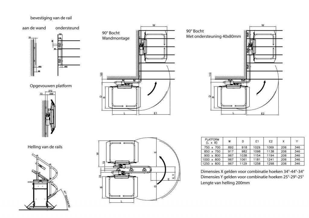 Plateautraplift voor trappen met bochten of tussenbordes tekening