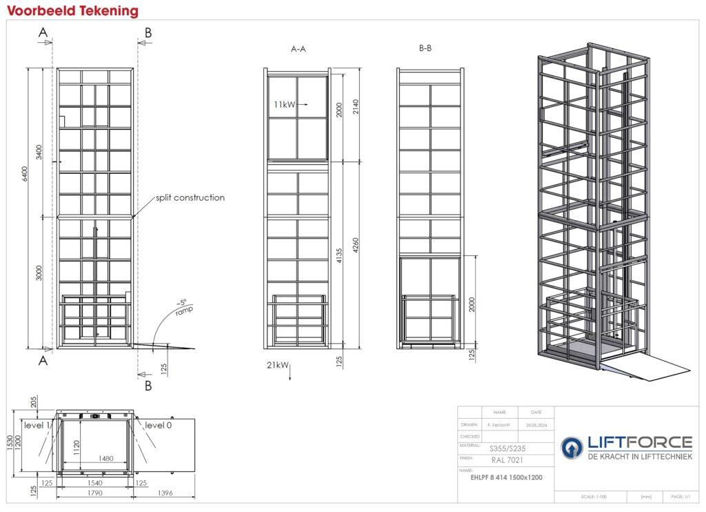 Voorbeeld tekening zelfdragende lift Omni Liftforce